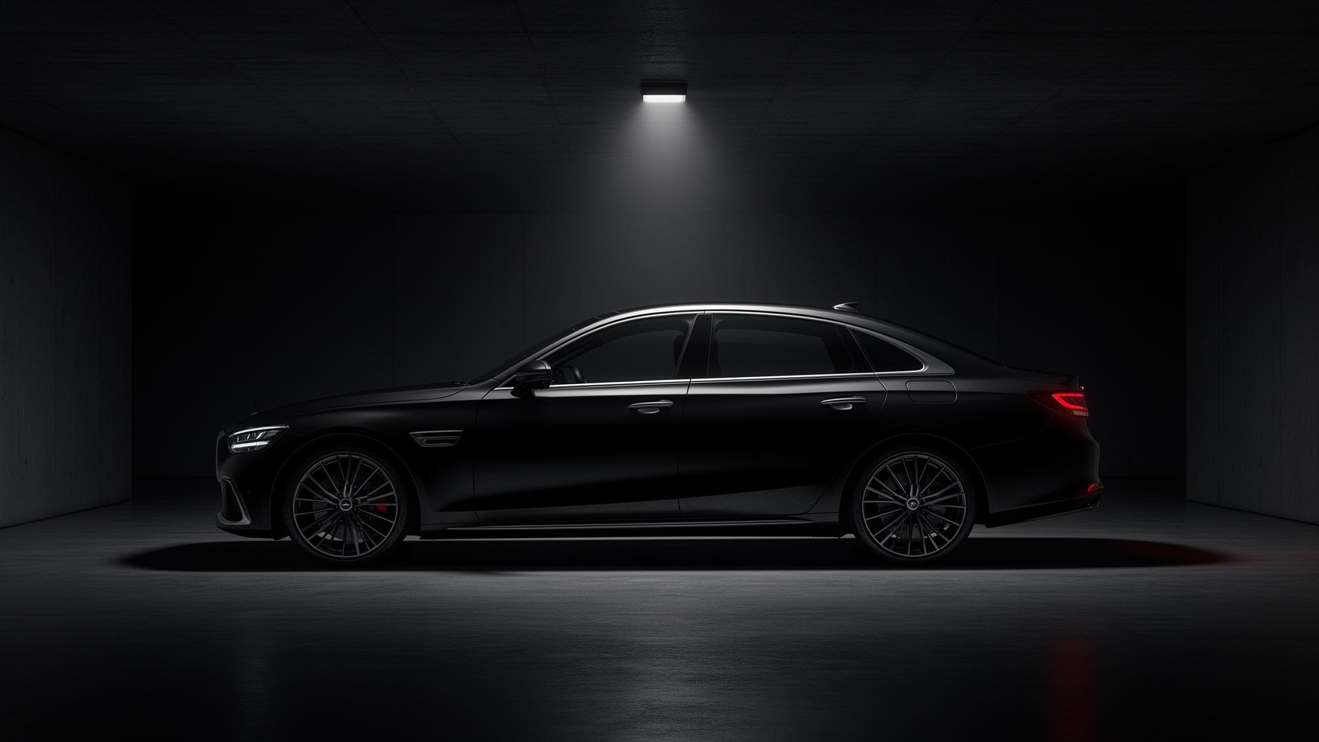 Premium svart sedan i atmosfærisk Autometro utstillingslokale